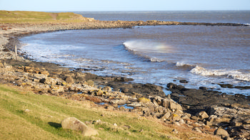 This landscape photograph captures midday winter sunlight illuminating the waves rolling into a rocky bay along the Northumberland coast in England, United Kingdom. The main subject of the image is the dynamic movement of the Northumbria bay waves, which break gently onto the dark rocks scattered along the shoreline. The natural contours of the grassy headland and the intertidal zone are visible, marking this stretch of the coast as a typical feature of Northumberland. The clear sky enhances the bright atmosphere, and the photograph offers a view of the rugged coastal scenery that characterizes this region of England.